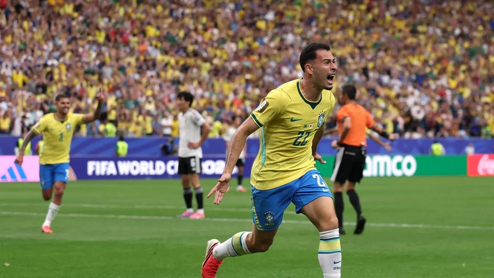 Brazilian player celebrating a goal during match
