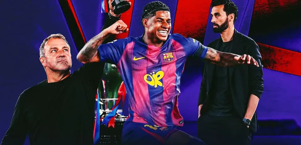 Player celebrating with trophy alongside coaches