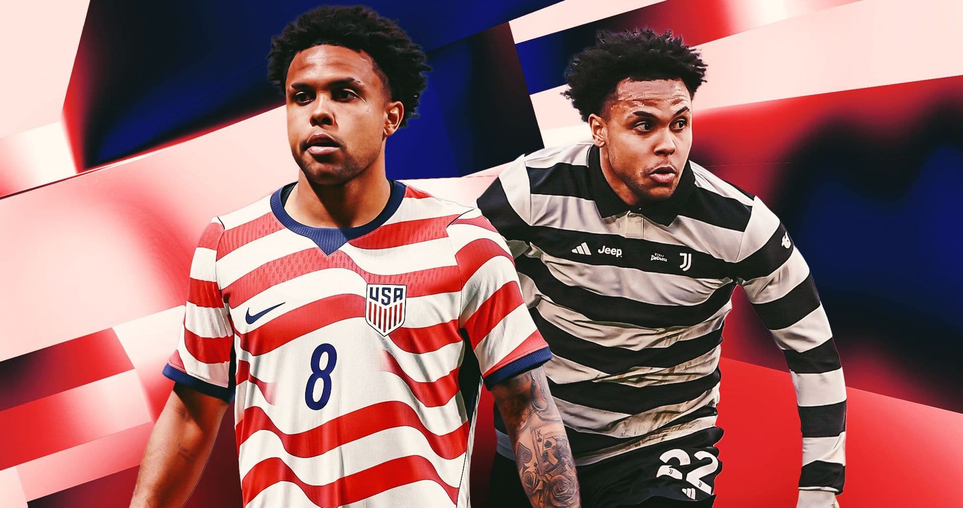 Player in USA jersey and Juventus kit posing