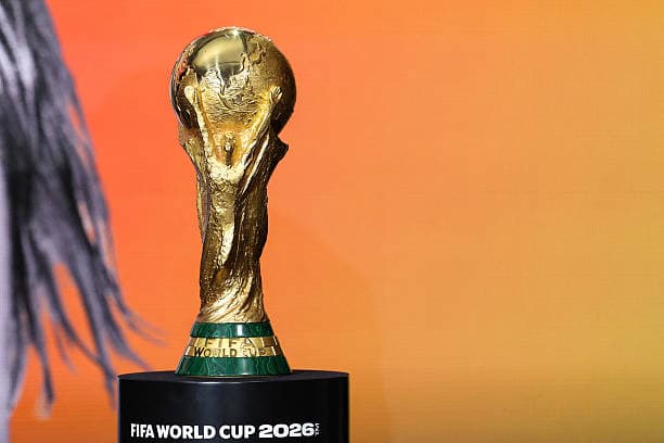 FIFA World Cup trophy displayed on podium