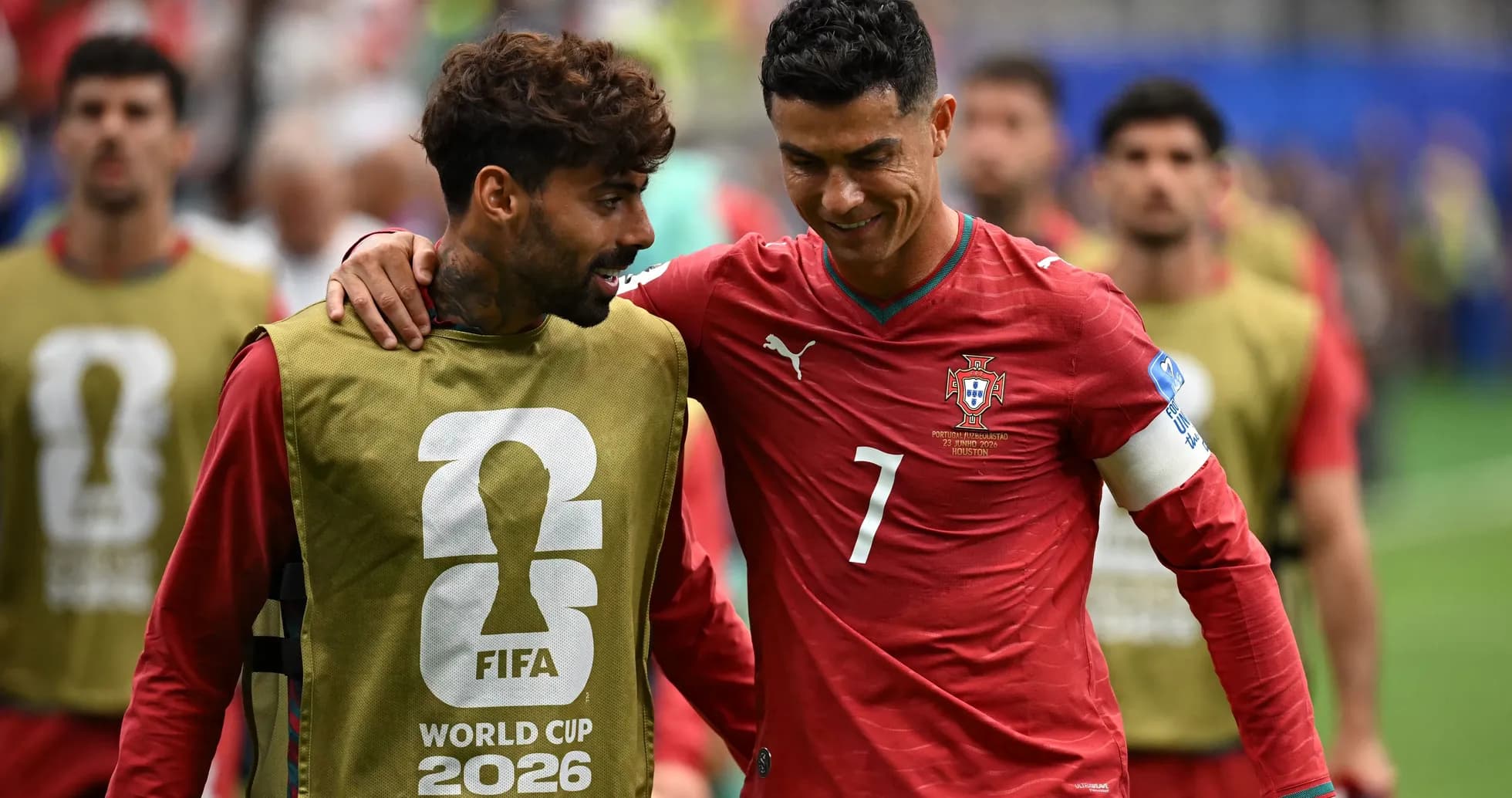 Two players conversing during FIFA World Cup match