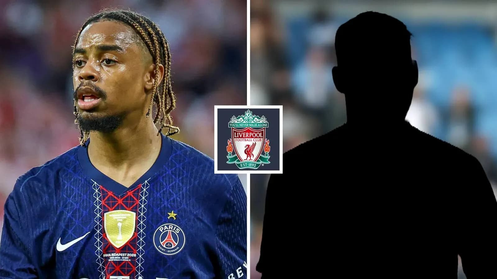 PSG player and Liverpool logo with silhouette