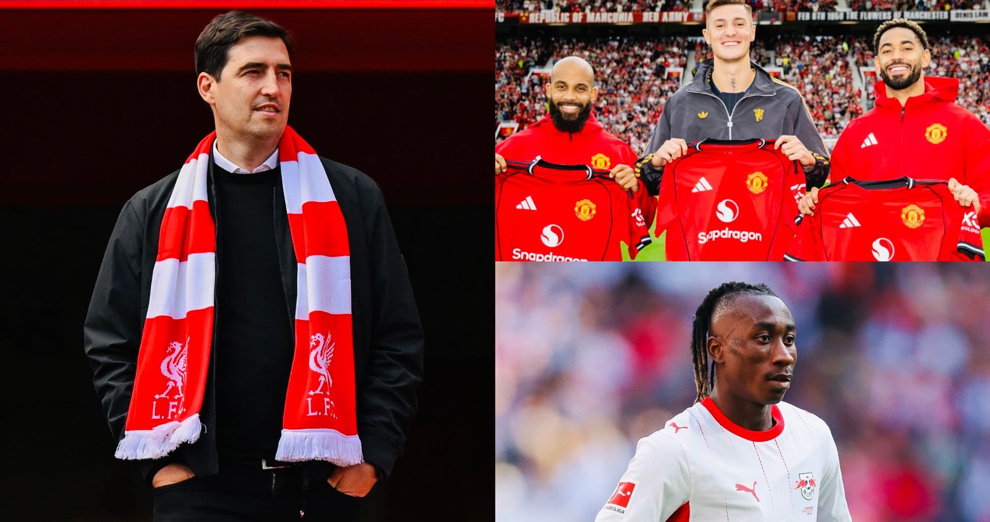Manager in Liverpool scarf, players with Manchester United shirts, RB Leipzig player