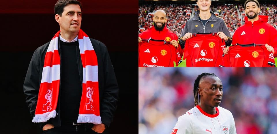 Manager in Liverpool scarf, players with Manchester United shirts, RB Leipzig player