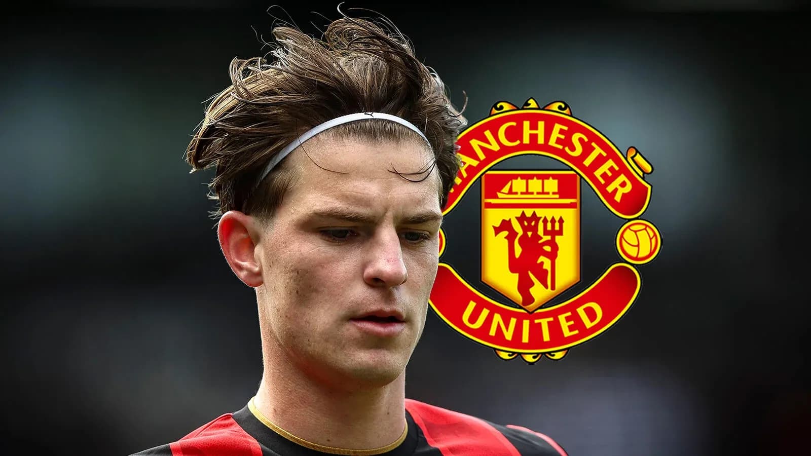 Player with headband in front of Manchester United logo