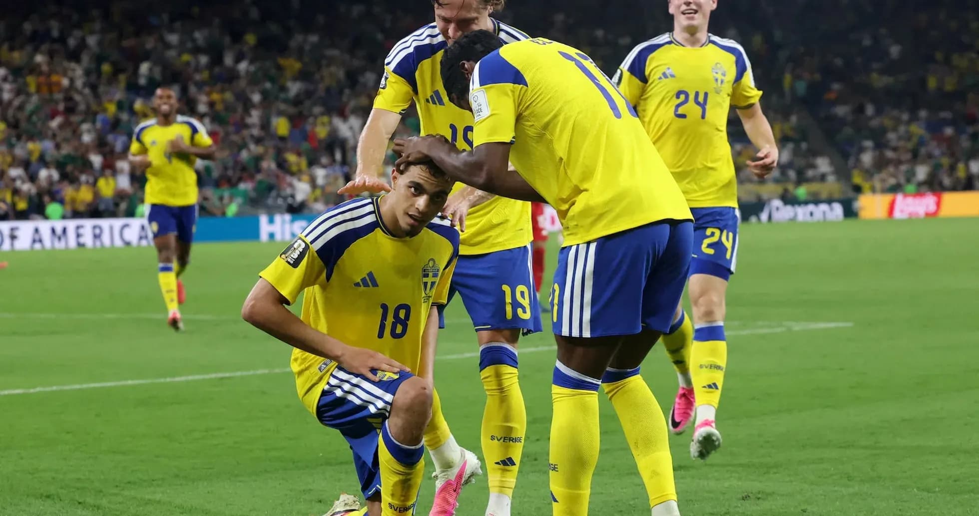 Sweden players celebrating during match