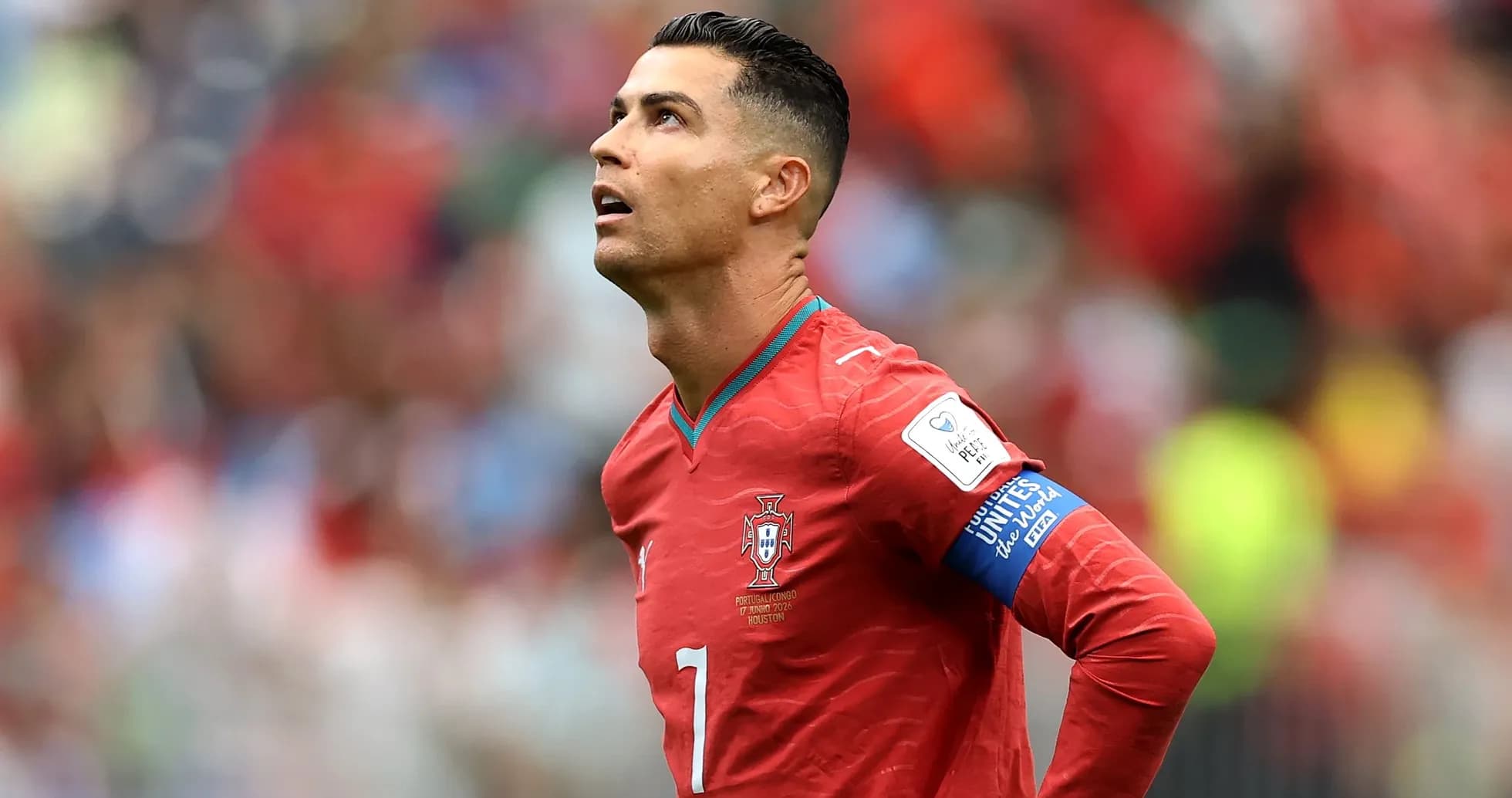 Player looking up during a match for Portugal