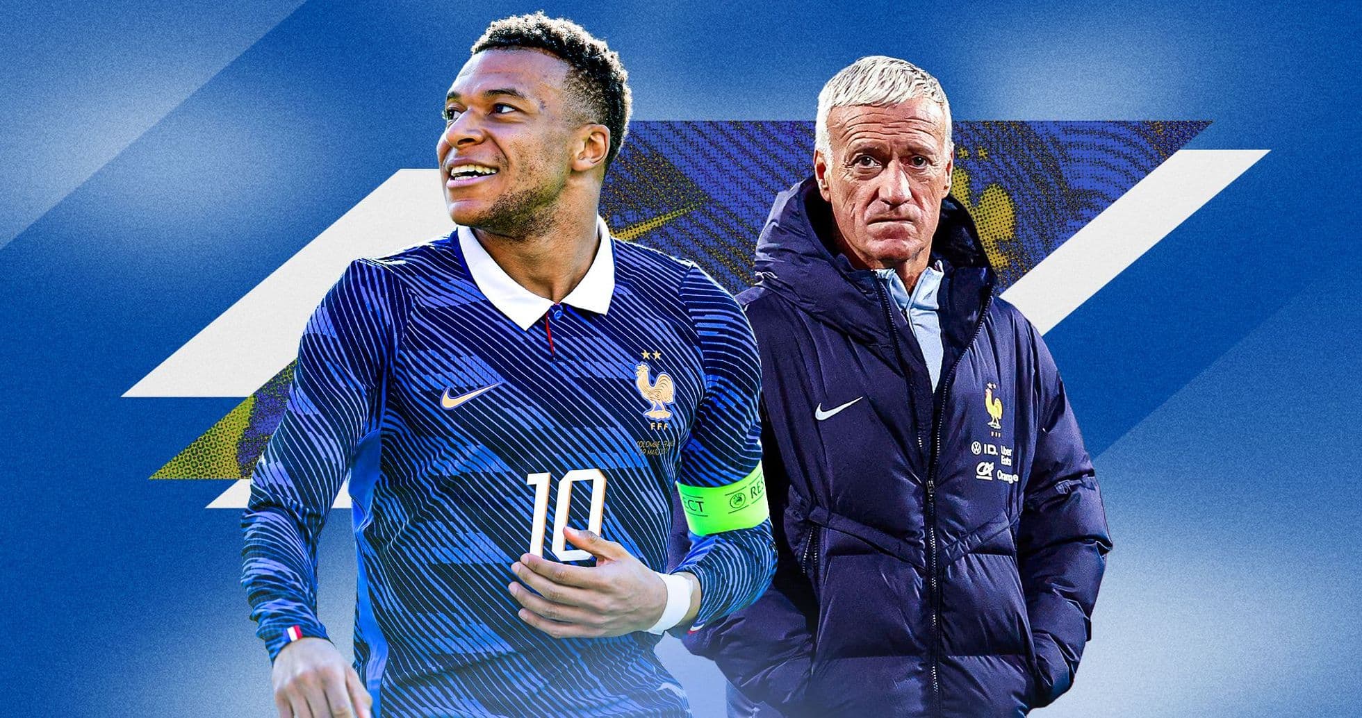 Kylian Mbappé and Didier Deschamps in France kit
