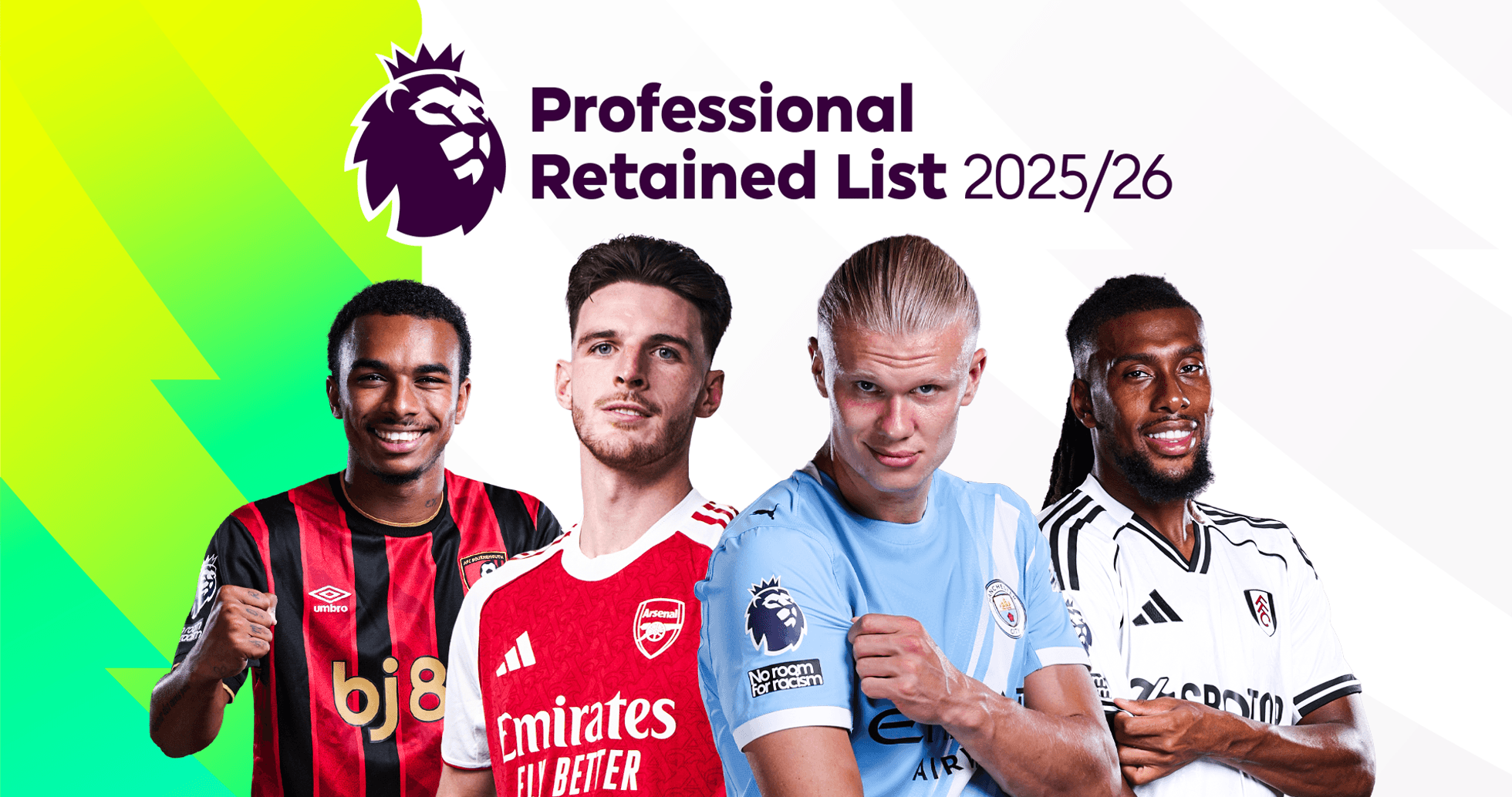 Four football players posing for the Premier League banner