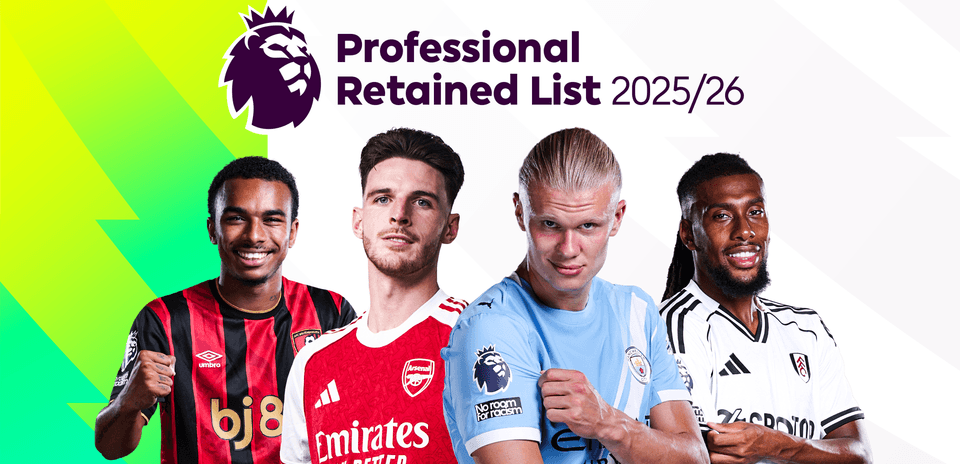 Four football players posing for the Premier League banner