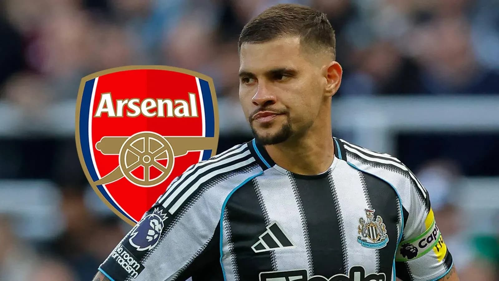 Newcastle player with Arsenal logo in background