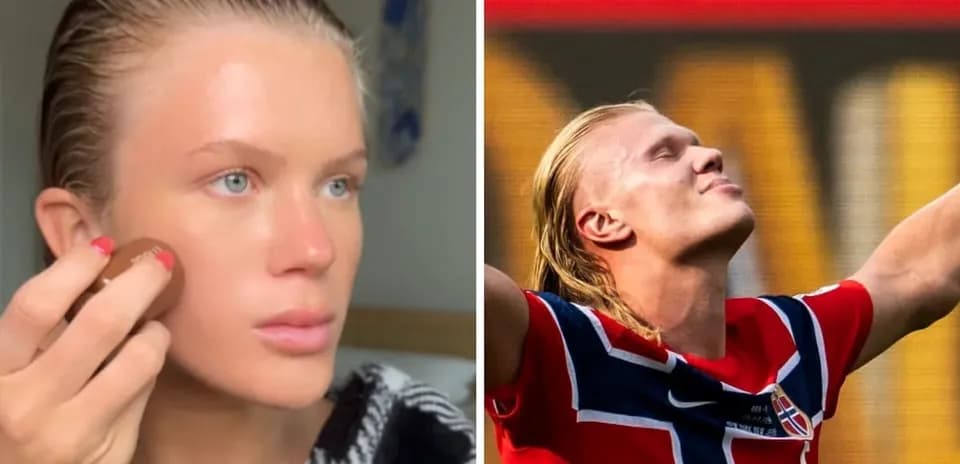 Person applying makeup next to football player celebrating