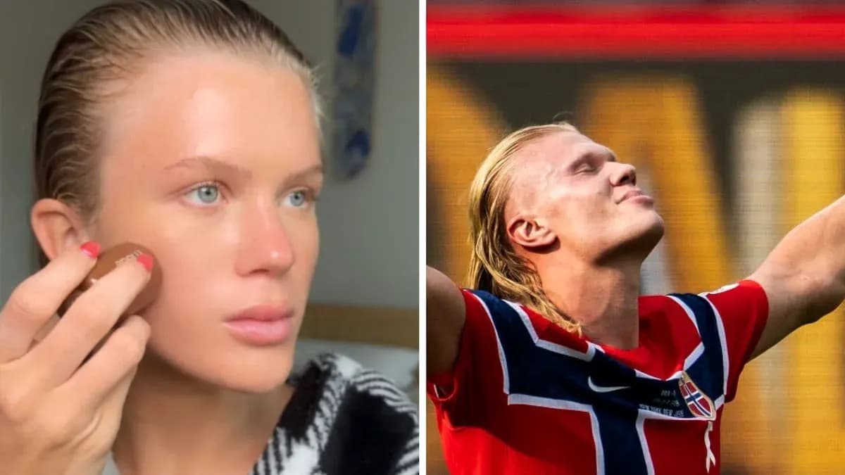 Person applying makeup next to football player celebrating