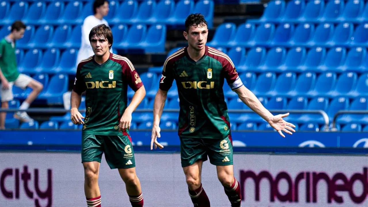 Oviedo players celebrating during a La Liga match