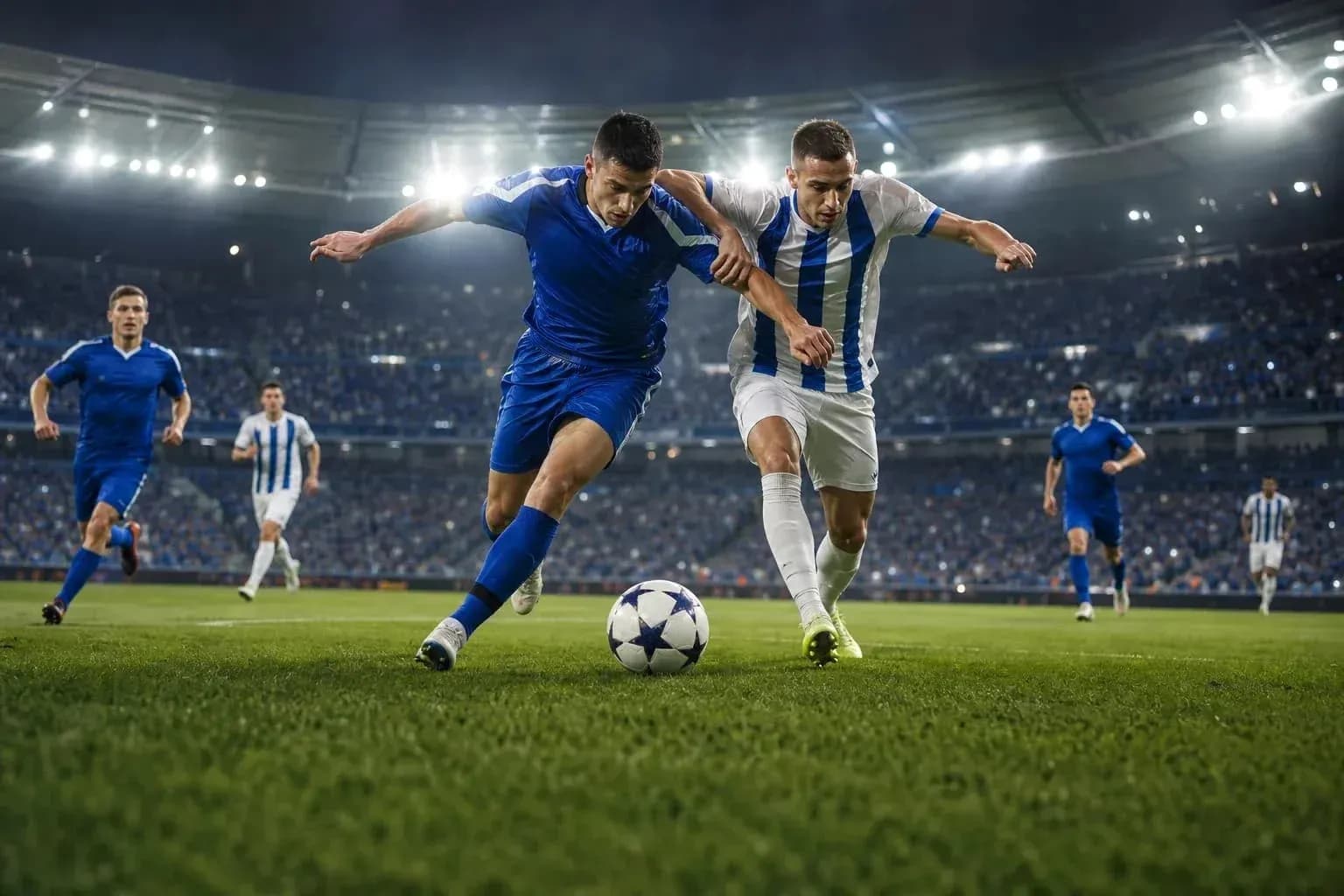 Players competing for the ball in UEFA Champions League