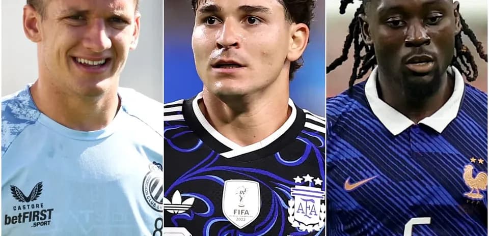 Three football players in various jerseys