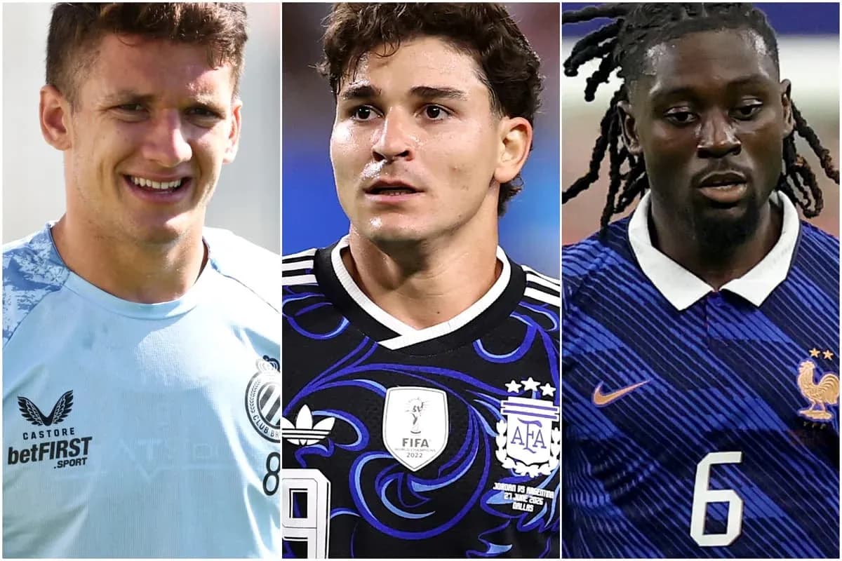 Three football players in various jerseys