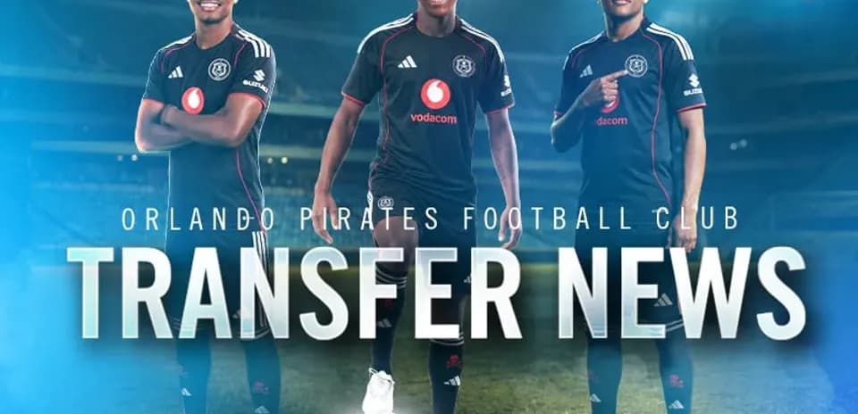 Three Orlando Pirates players showcasing new kit