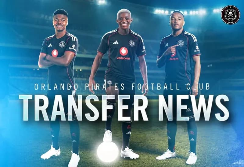 Three Orlando Pirates players showcasing new kit