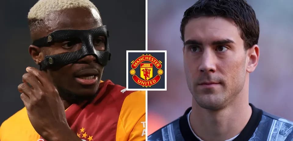 Two football players with Manchester United logo between them