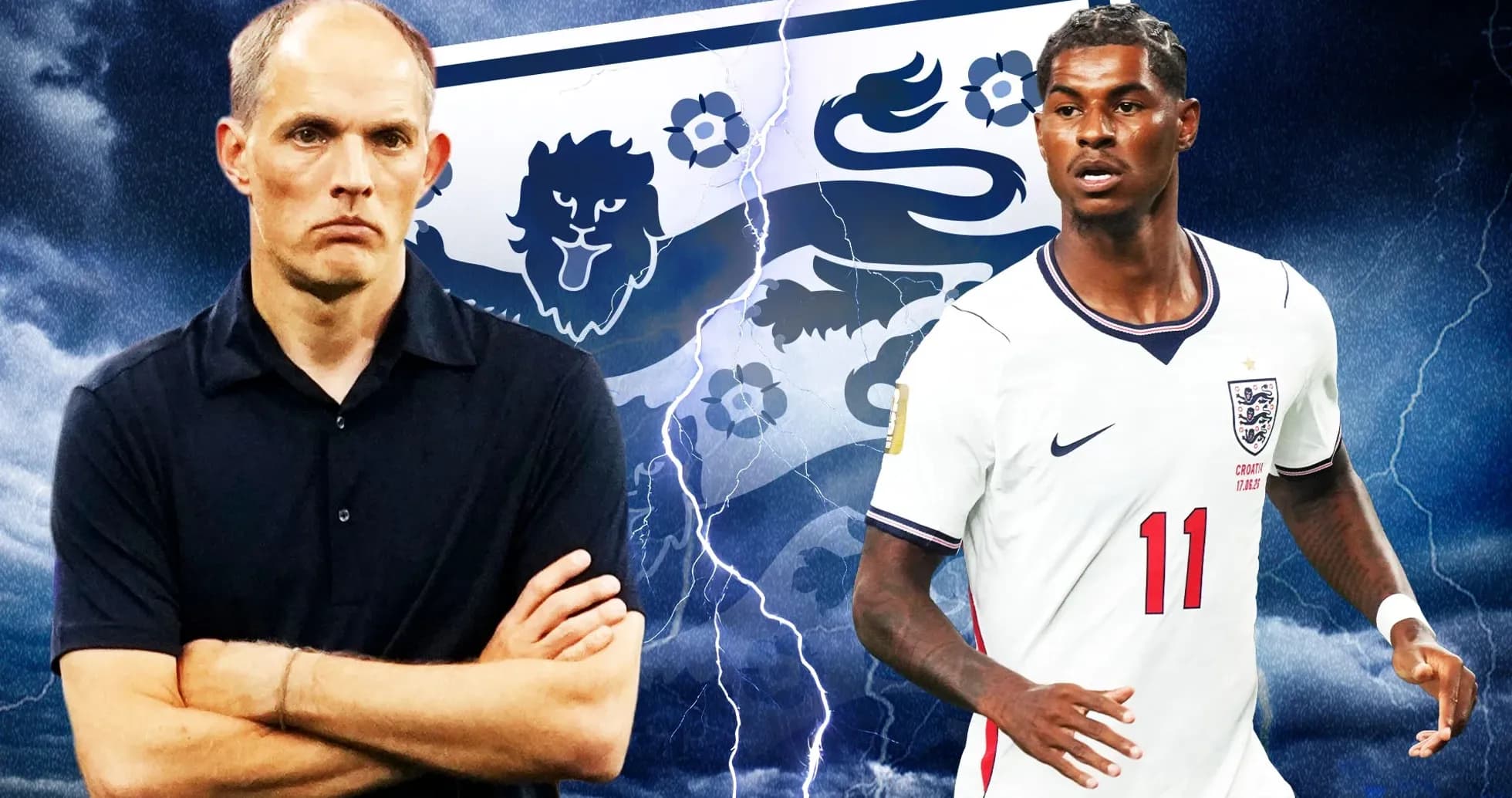 Coach and player with England emblem in background