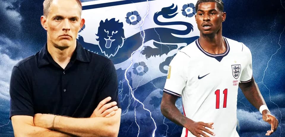 Coach and player with England emblem in background
