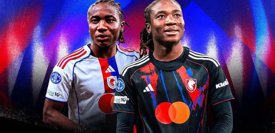 Two players in team jerseys against colorful background