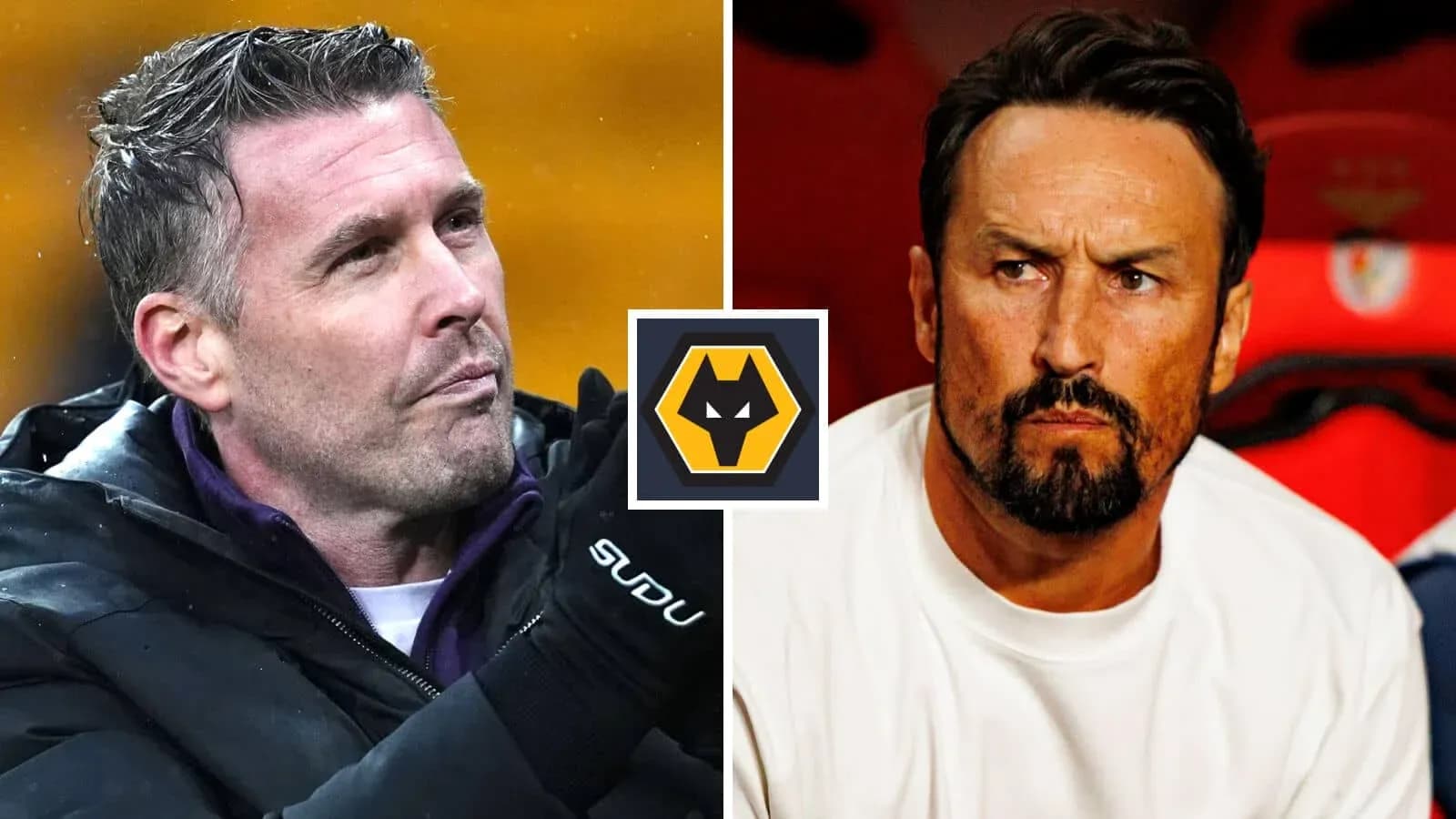 Two football managers during a match split image