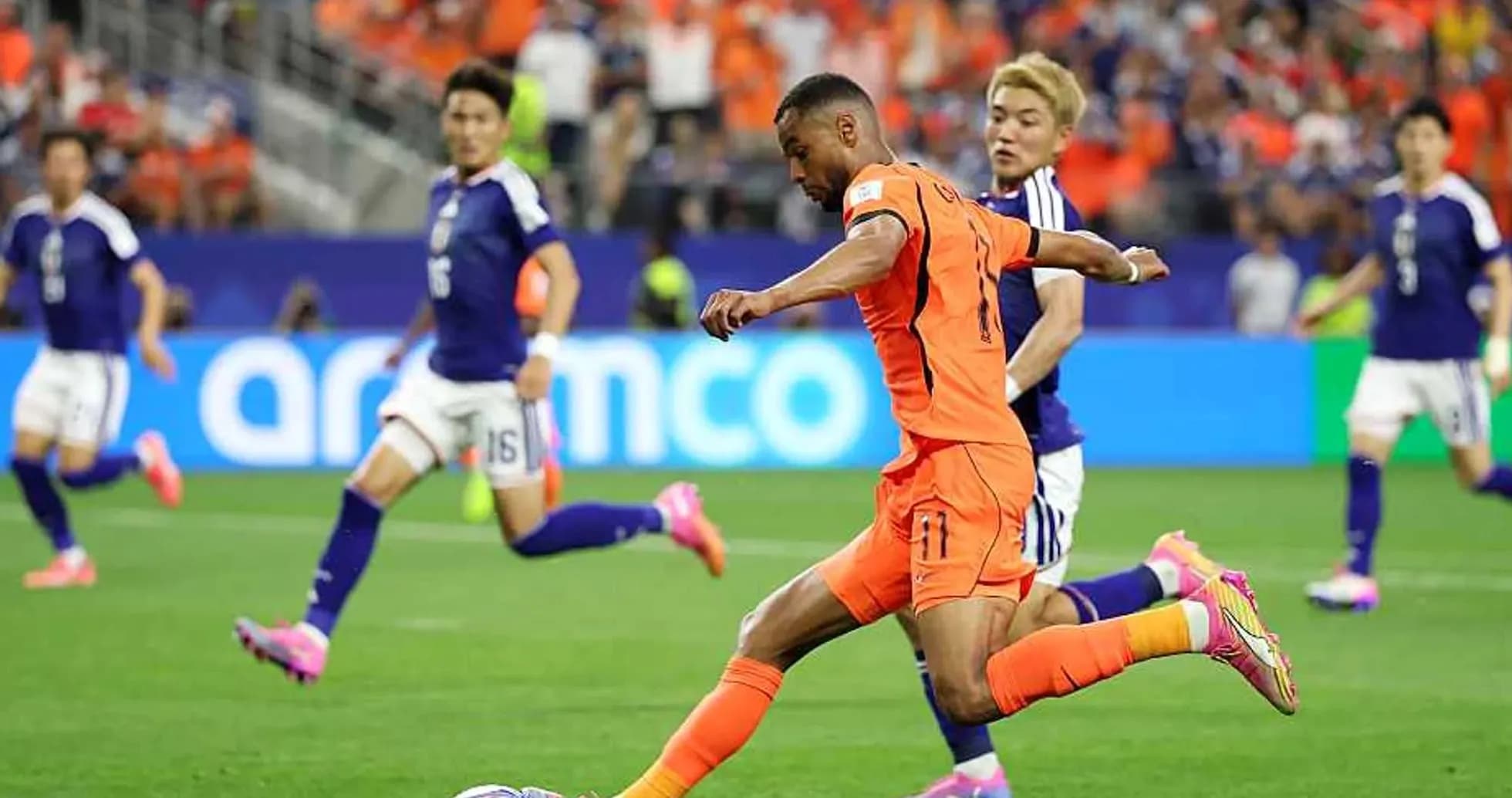 Player kicking the ball during Netherlands vs Japan
