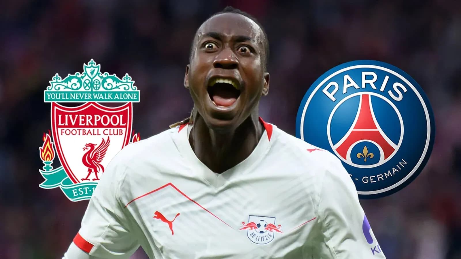 Player celebrating with Liverpool and PSG logos in background