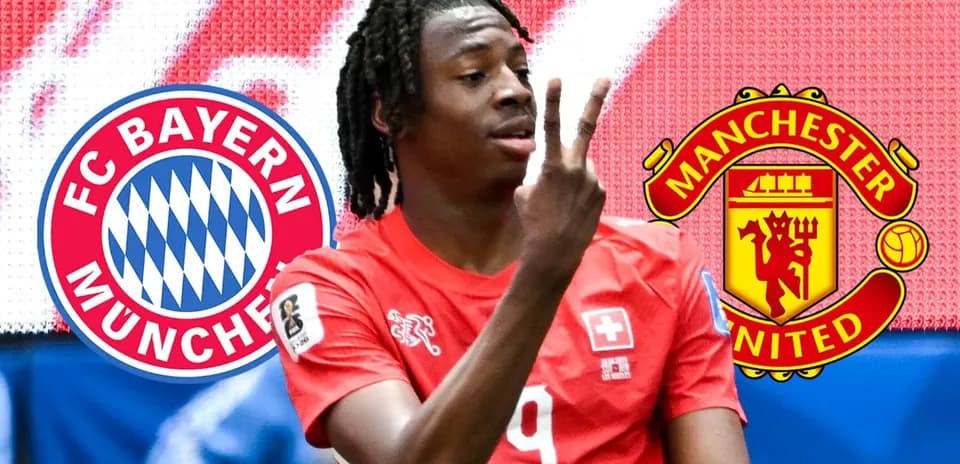Player celebrating with FC Bayern and Manchester United logos
