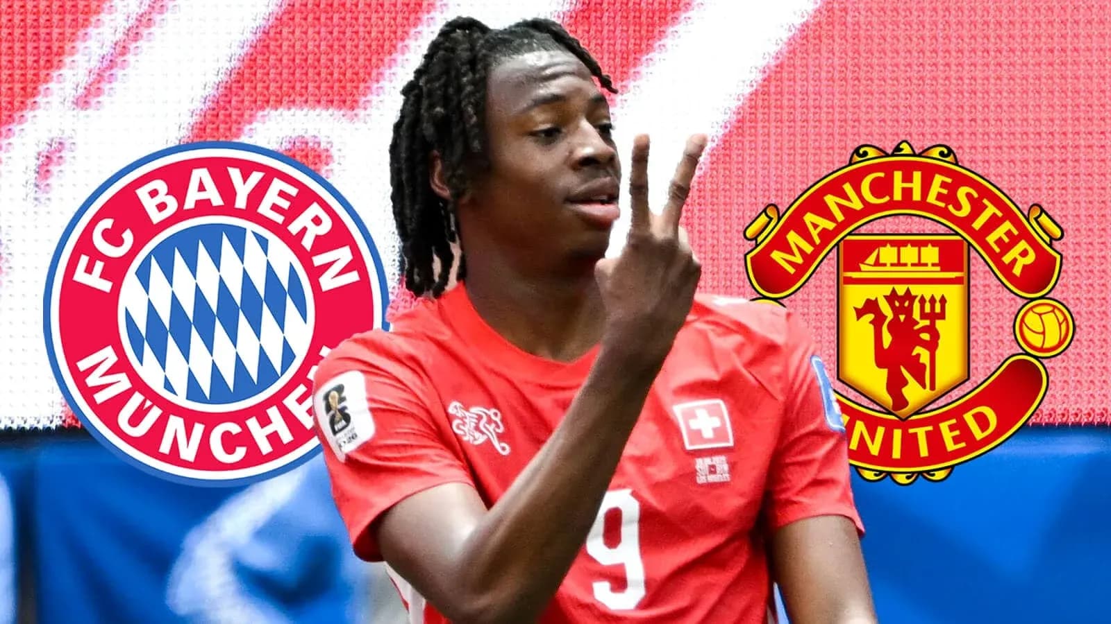 Player celebrating with FC Bayern and Manchester United logos