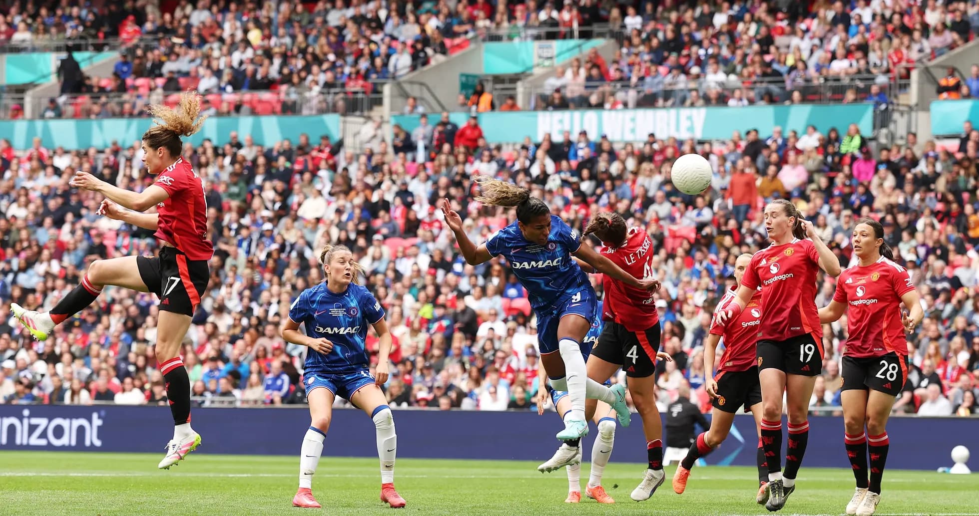 Chelsea and Manchester United players contesting the ball