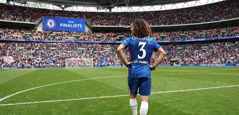 Player in Chelsea kit at Wembley Stadium
