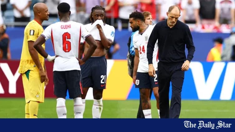 England players discussing strategy during match timeout
