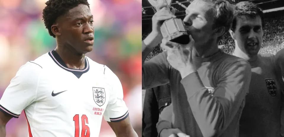 Young player in England kit next to historical trophy celebration