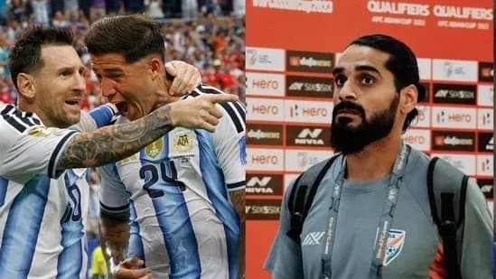Argentinian players celebrating goal; interview setting