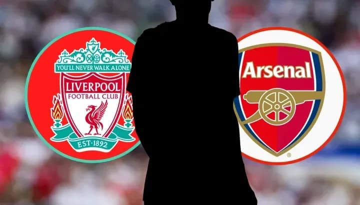 Silhouette of a player between Liverpool and Arsenal logos