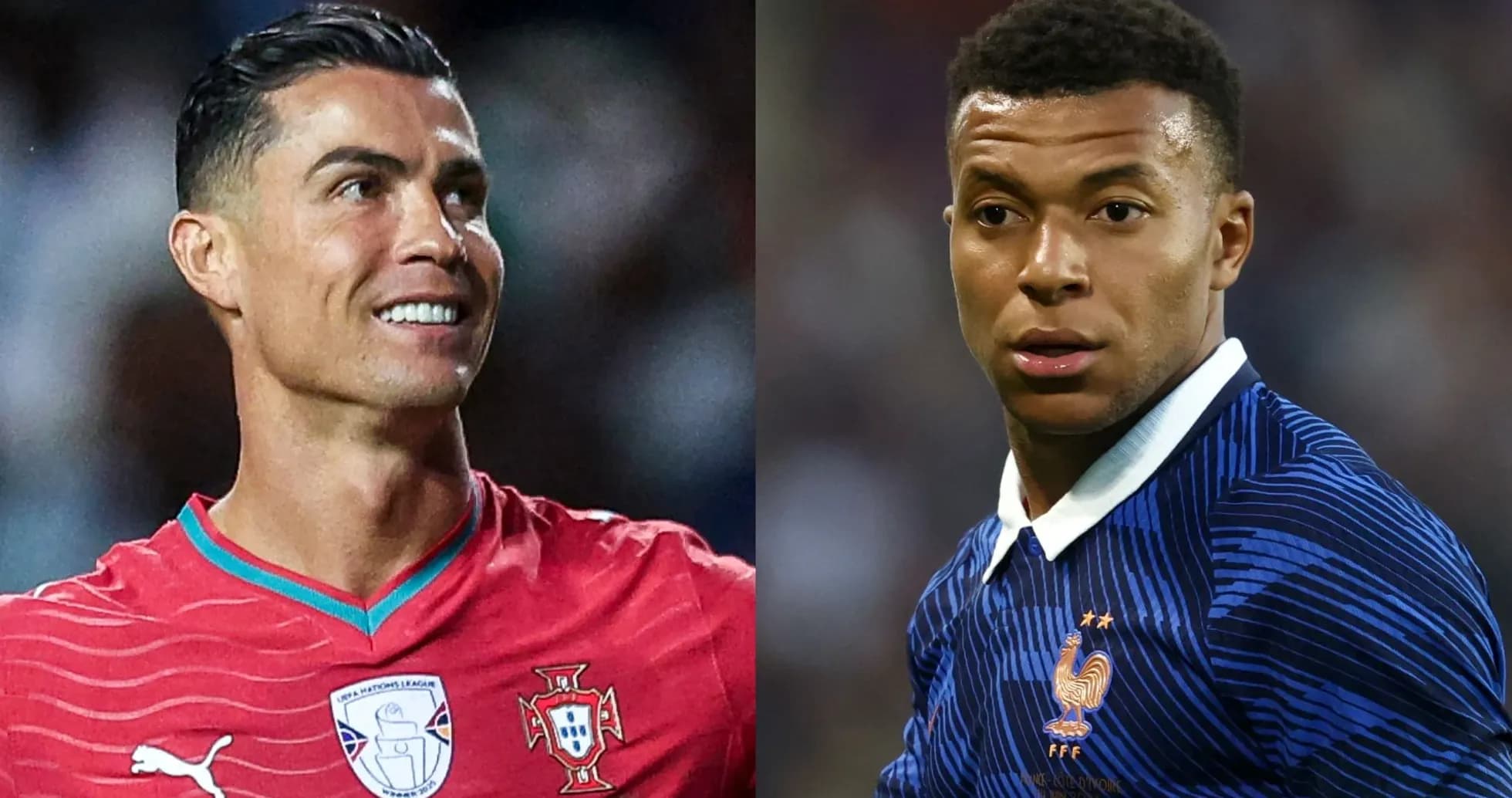 Cristiano Ronaldo and Kylian Mbappé in team jerseys