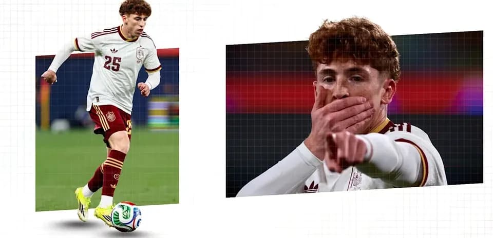 Player in Spain kit dribbling and celebrating goal