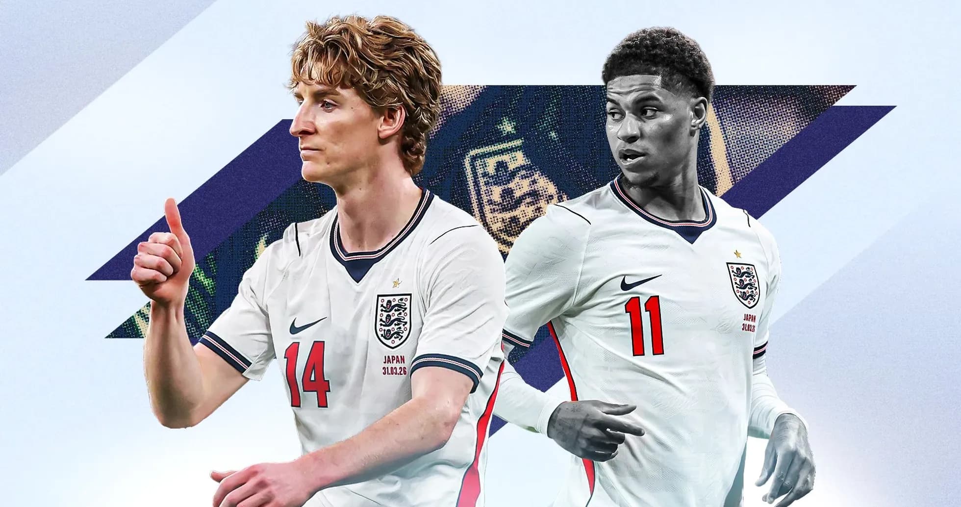 Two England players posing in national team jerseys