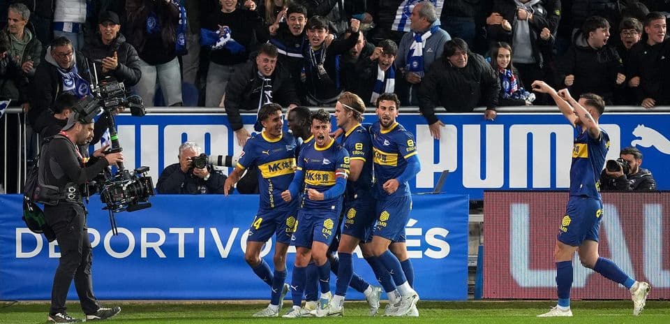 Alaves players celebrating a goal during La Liga match