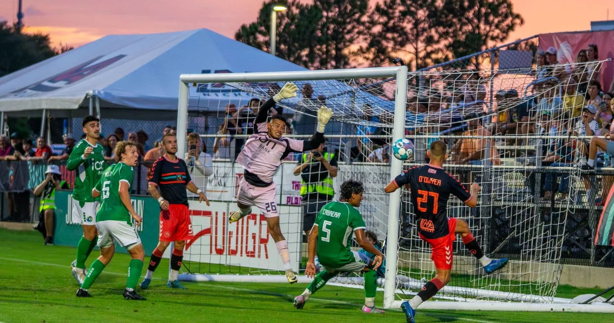 Goalkeeper saving a shot during Indy Eleven match