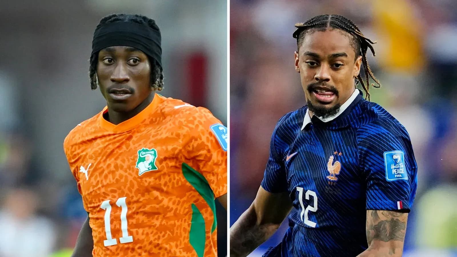Two soccer players in team jerseys on the field