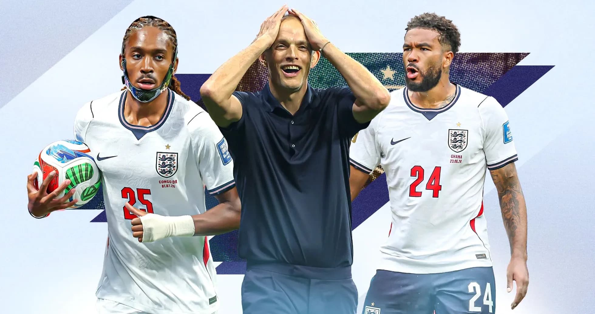 Three football players posing in England kits