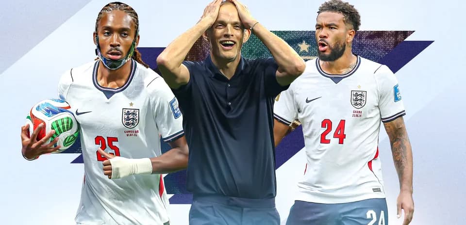 Three football players posing in England kits