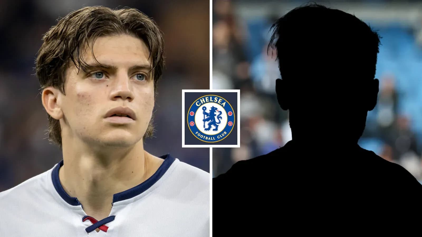 Player portrait and silhouette with Chelsea logo