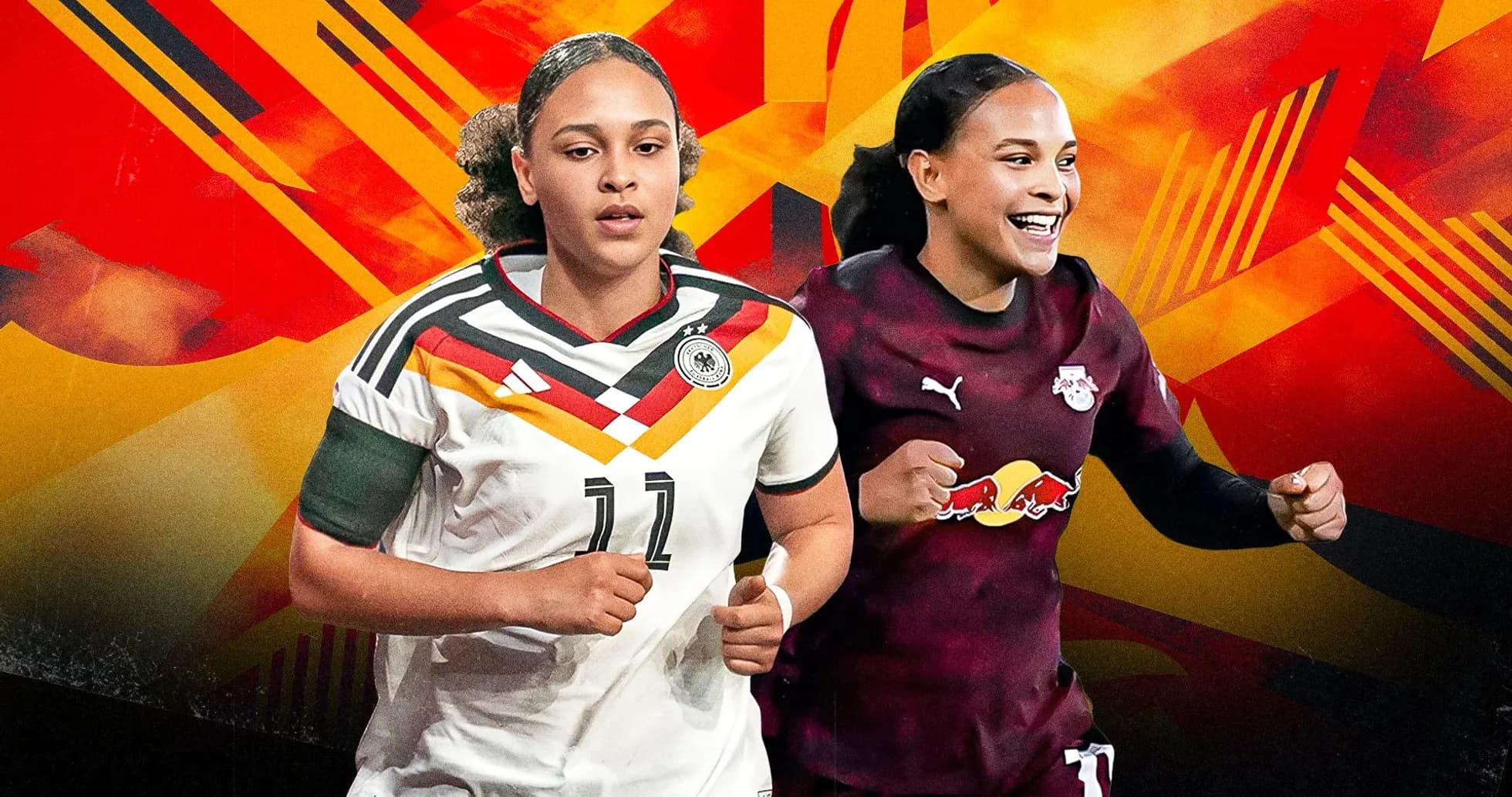 Two female soccer players in team jerseys