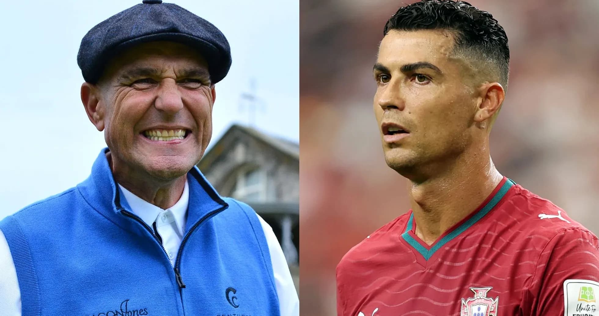 Two athletes, one smiling in golf attire, one serious in soccer uniform