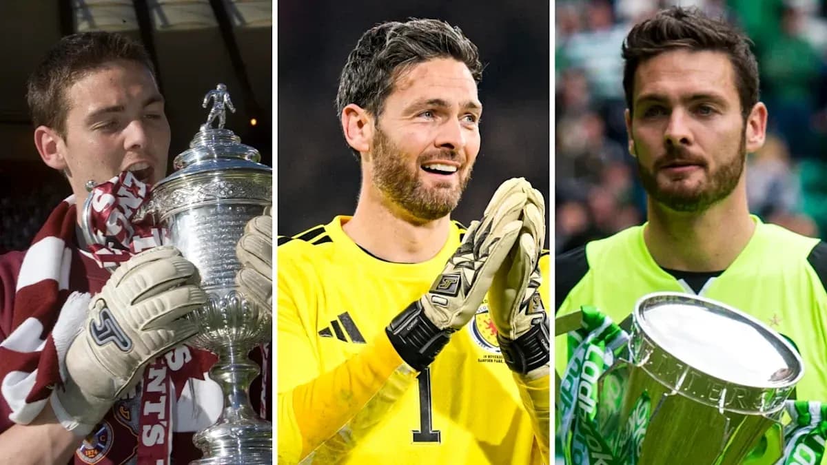 Three goalkeepers holding trophies in separate images